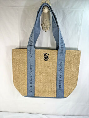 Victorias Secret Logo Straw Denim Tote Bag Travel Bag Beach Bag Summer 2024 new